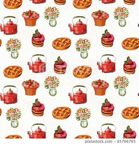 Seamless hand drawn pattern. Tea drinking illustration. 85766765