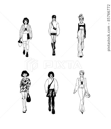 Collection of stylish young women dressed in trendy clothes. Vector fashion black and white illustration. Collection of stylish young women dressed in trendy clothes. Vector fashion black and white illustration. 85766772