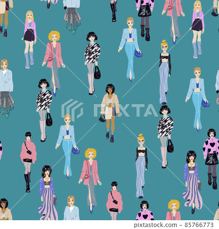 Seamless pattern. Women in trendy clothes. Fashion illustration. 85766773