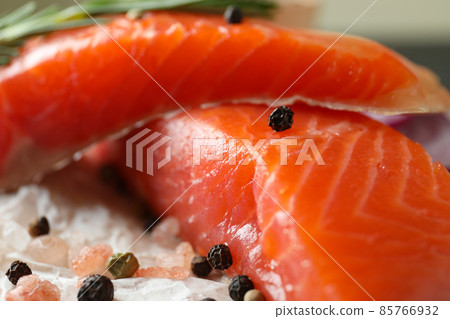 Fresh raw salmon and ingredients for cooking, close up 85766932
