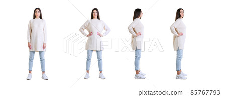 Collage. Full-length portraits of young girl posing in a line isolated over white studio background Collage. Full-length portraits of young girl posing in a line isolated over white studio background 85767793