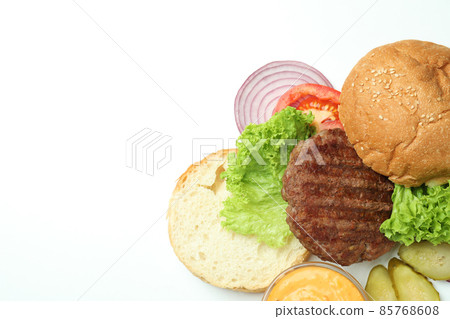Concept of cooking burger on white background, top view Concept of cooking burger on white background, top view 85768608