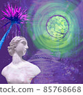Contemporary collage. Sculpture of a woman and a palm tree on an abstract glowing neon background. 85768668
