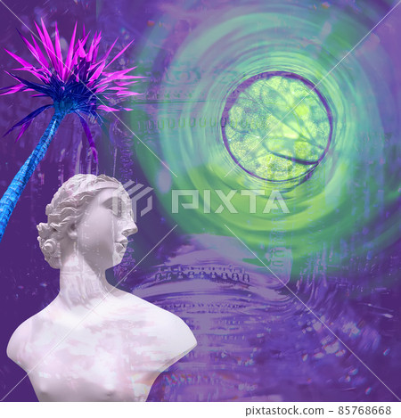 Contemporary collage. Sculpture of a woman and a palm tree on an abstract glowing neon background. 85768668