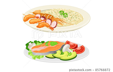Nutritious tasty dishes served on plates set. Seafood with rice and vegetables cartoon vector illustration Nutritious tasty dishes served on plates set. Seafood with rice and vegetables cartoon vector illustration 85768872