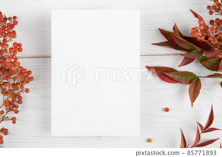 Autumn blank card mockup for thanksgiving day, flat lay, 5x7 ratio, similar to A6, A5 85771893