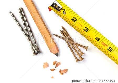 Carpenter's Pencil with Sharpening Shavings, Tape Measure, Framing Nails and Deck Screws 85772393