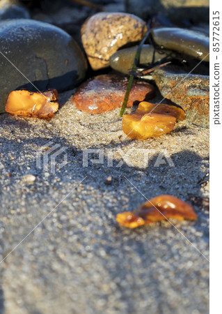 Amber on fine sand, beautiful piece of amber from the sand. 85772615