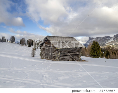 dolomites snow panorama wooden hut val badia armentarola hill dolomites snow panorama wooden hut val badia armentarola hill 85772667