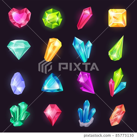 Cartoon magic crystals and precious gems, raw material gemstones. Glowing crystal, shiny jewel stone, fantasy gemstone for game vector set Cartoon magic crystals and precious gems, raw material gemstones. Glowing crystal, shiny jewel stone, fantasy gemstone for game vector set 85773130