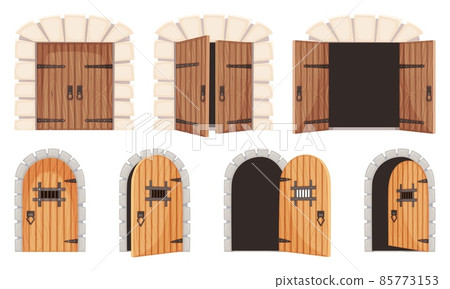 Opened and closed medieval doors, old castle gate, dungeon door. Cartoon wooden prison doorway, ancient city entrance gates vector set Opened and closed medieval doors, old castle gate, dungeon door. Cartoon wooden prison doorway, ancient city entrance gates vector set 85773153
