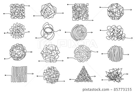 Messy scribble arrow lines, chaotic tangled doodles. Hand drawn squiggles, chaos scrawls, sketch knot arrows confusion concept vector set 85773155