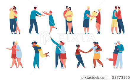 Lgbt couples in love, young characters on romantic date. Cute people in relationship, parents with child, happy senior couple hugging vector set 85773160