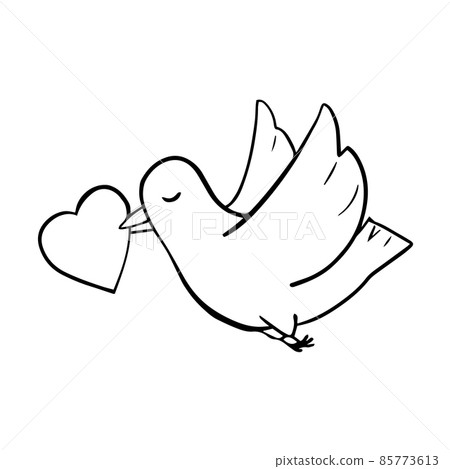 The bird flies and holds a heart in its beak. Contour simple childish drawing. A single icon is a symbol of valentine and love. The bird flies and holds a heart in its beak. Contour simple childish drawing. A single icon is a symbol of valentine and love. 85773613