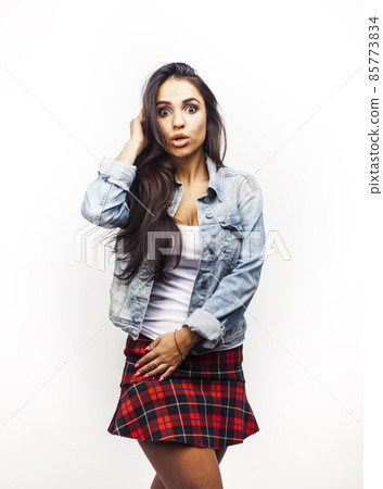 young happy smiling latin american teenage girl emotional posing isolated on white background, lifestyle people concept 85773834
