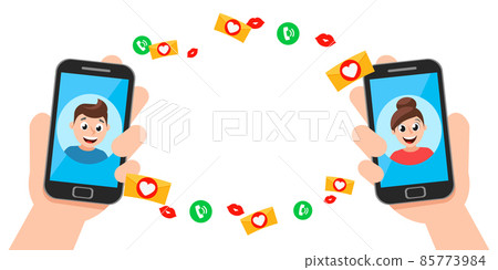 Boy with a girl send messages to each other with hearts. Valentines Day Boy with a girl send messages to each other with hearts. Valentines Day 85773984