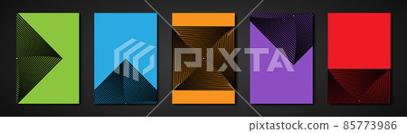 Minimal covers set. Future geometric design. Op Art squares in colorful with diagonal lines making an optical illusion of pyramids or tunnel, copy space on colors background 85773986
