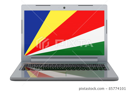 Seychelloise flag on laptop screen. 3D illustration Seychelloise flag on laptop screen. 3D illustration 85774101