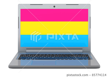 Pansexual flag on laptop screen. 3D illustration Pansexual flag on laptop screen. 3D illustration 85774114