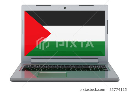 Palestinian flag on laptop screen. 3D illustration Palestinian flag on laptop screen. 3D illustration 85774115