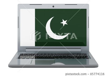 Pakistani flag on laptop screen. 3D illustration Pakistani flag on laptop screen. 3D illustration 85774116