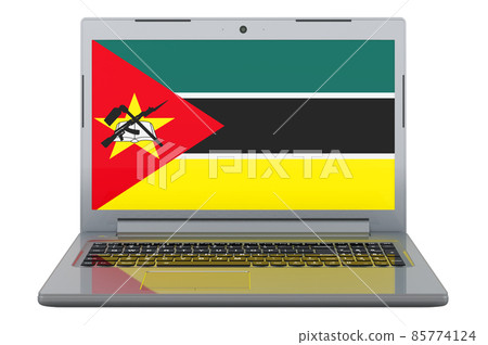 Mozambican flag on laptop screen. 3D illustration Mozambican flag on laptop screen. 3D illustration 85774124