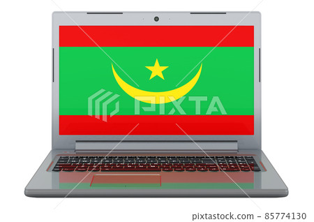 Mauritanian flag on laptop screen. 3D illustration Mauritanian flag on laptop screen. 3D illustration 85774130