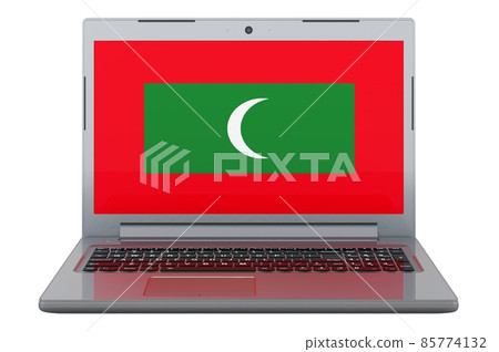 Maldivian flag on laptop screen. 3D illustration Maldivian flag on laptop screen. 3D illustration 85774132