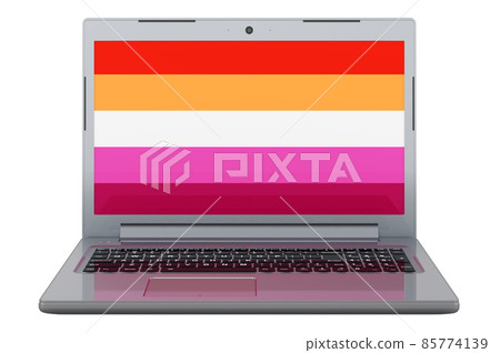 Lesbian flag on laptop screen. 3D illustration Lesbian flag on laptop screen. 3D illustration 85774139