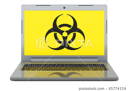 Biohazard symbol on laptop screen. 3D illustration Biohazard symbol on laptop screen. 3D illustration 85774159