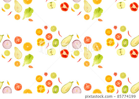 Fruits and vegetables slices isolated on white. Seamless pattern. Fruits and vegetables slices isolated on white. Seamless pattern. 85774199