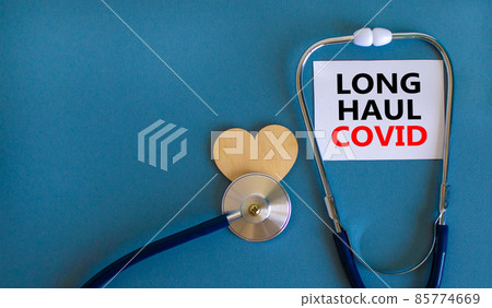 COVID-19 long-haul covid symptoms symbol. White card with words Long haul covid. Wooden heart, stethoscope, beautiful blue background, copy space. Medical, COVID-19 long-haul covid symptoms concept. 85774669