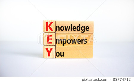 KEY, knowledge empowers you symbol. Wooden blocks with words 'KEY, knowledge empowers you'. Beautiful white background, copy space. Business, educational and KEY, knowledge empowers you concept. 85774712
