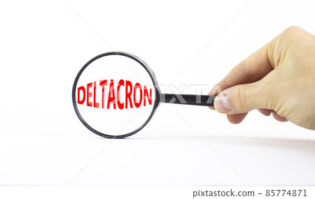 Covid-19 corona deltacron symbol. The concept word Deltacron. Magnifying glass. Doctor hand. Beautiful white table, white background. Medical, covid-19 corona deltacron variant concept. Copy space. 85774871