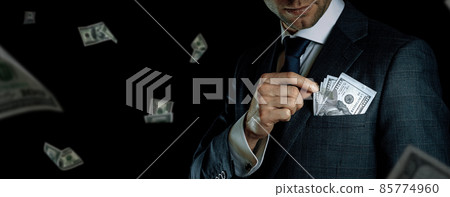 Dollar bill. Business man hand holding Washington American cash. Usd money falling banner. 85774960