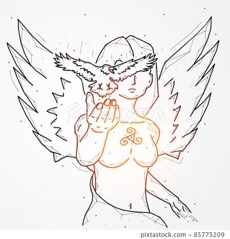 Abstract polygonal vector illustration of a woman with wings and a flying raven. Goddess and bird concept art. Geometric artwork of a female angel. Abstract polygonal vector illustration of a woman with wings and a flying raven. Goddess and bird concept art. Geometric artwork of a female angel. 85775209