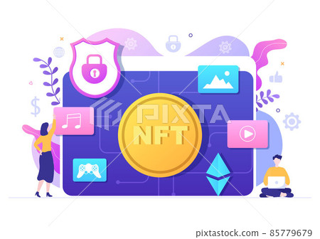 NFT Non Fungible Token Crypto Art of Converting Into Digital Network with Coin Servers for Banner or Poster in Flat Background Illustration 85779679