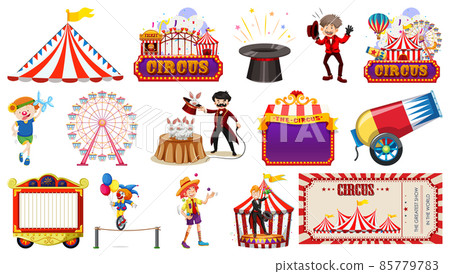 Set of circus characters and amusement park elements Set of circus characters and amusement park elements 85779783