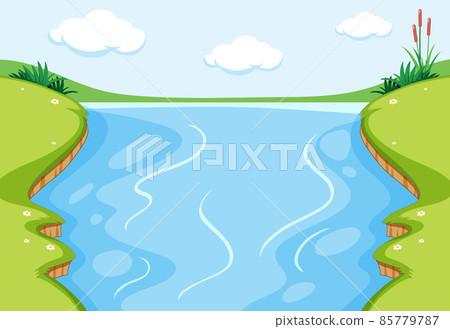 Empty river with meadow scene Empty river with meadow scene 85779787