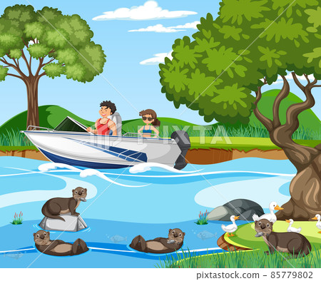 River forest scene with traveller on a speed boat River forest scene with traveller on a speed boat 85779802