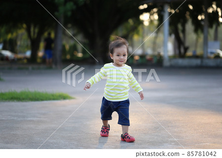 Asian boy is learning to walk in the garden. 85781042