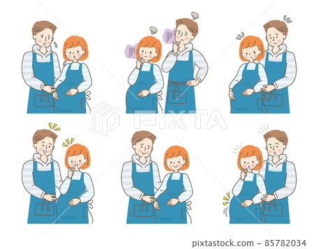 Facial expression set of anxious pregnant woman and her husband snuggling up Facial expression set of anxious pregnant woman and her husband snuggling up 85782034