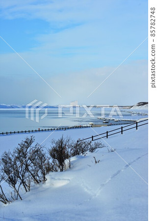 Landscape looking north from the mouth of the Teshio River in winter Vertical type January [shooting location: Teshio-cho, Hokkaido] 85782748