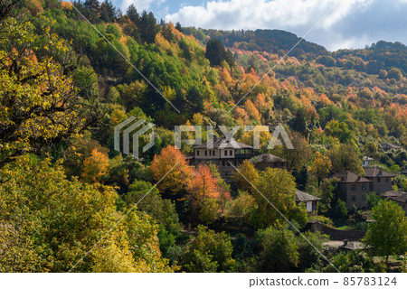 Old traditional Bulgarian house in mountain village of Kovachevitsa. Traditional slan stone roofs Old traditional Bulgarian house in mountain village of Kovachevitsa. Traditional slan stone roofs 85783124