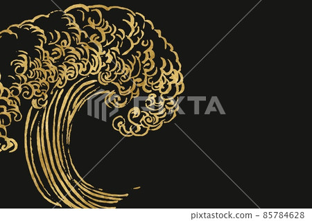 黑色背景上的動態日本波浪金色抽象插圖海漩渦傳統深色日式畫筆複製空間 85784628