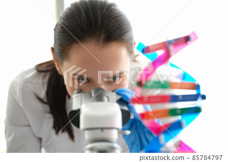 A woman biologist looks through a microscope, eyes close-up A woman biologist looks through a microscope, eyes close-up 85784797