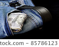 100 usd banknotes visible in the pocket of a jeans lying on the floor, your jeans and 100 usd, 85786123