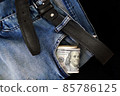 100 usd banknotes visible in the pocket of a jeans lying on the floor, your jeans and 100 usd, 85786125