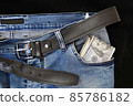 100 usd banknotes visible in the pocket of a jeans lying on the floor, your jeans and 100 usd, 85786182