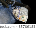 100 usd banknotes visible in the pocket of a jeans lying on the floor, your jeans and 100 usd, 85786183